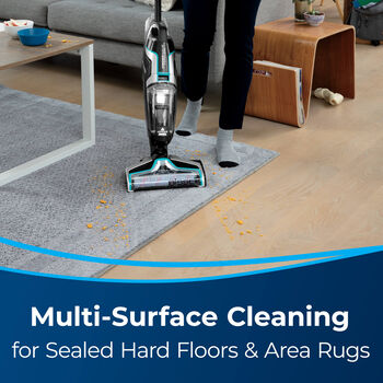 CrossWave Cordless Refreshing Area Rug. Text: Multi-Surface Cleaning for Sealed Hard Floors &amp; Area Rugs