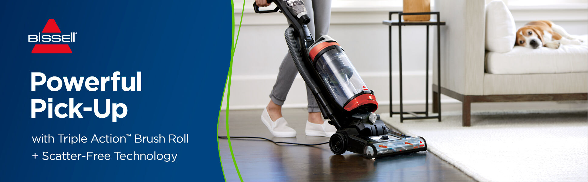 CleanView® Swivel Pet Vac Demo. Text: Powerful Pet Hair Pick-Up with Triple Action Brush Roll + Scatter-Free Technology
